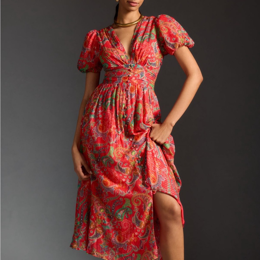 Anthropologie Vibrant Red Paisley Midi Dress